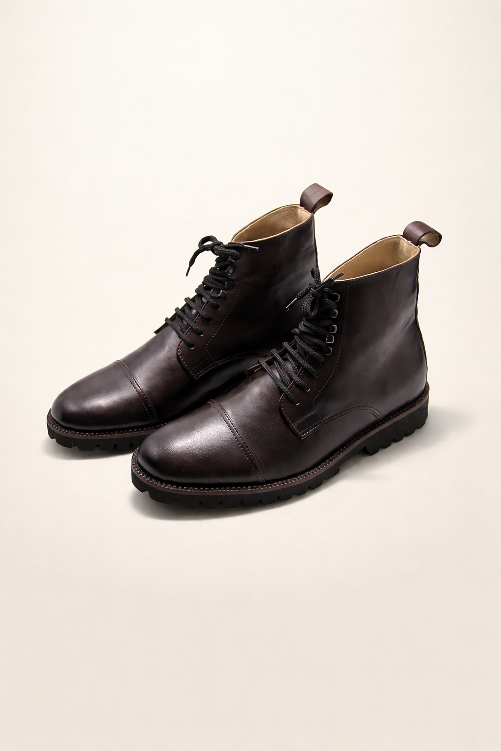 Dark Brown Leather Cap-Toe Lace-Up Boots