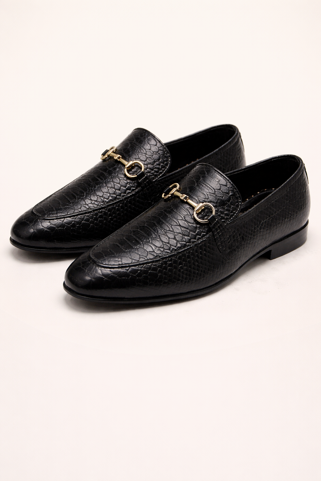 Black Textured Leather Horsebit Loafers