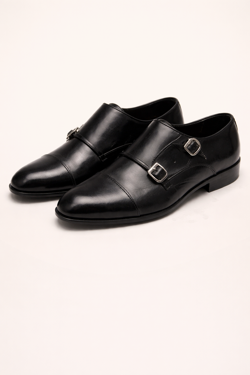 Black Leather Double Monk Strap Shoes