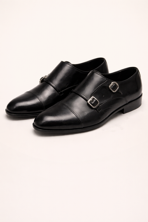Black Leather Double Monk Strap Shoes