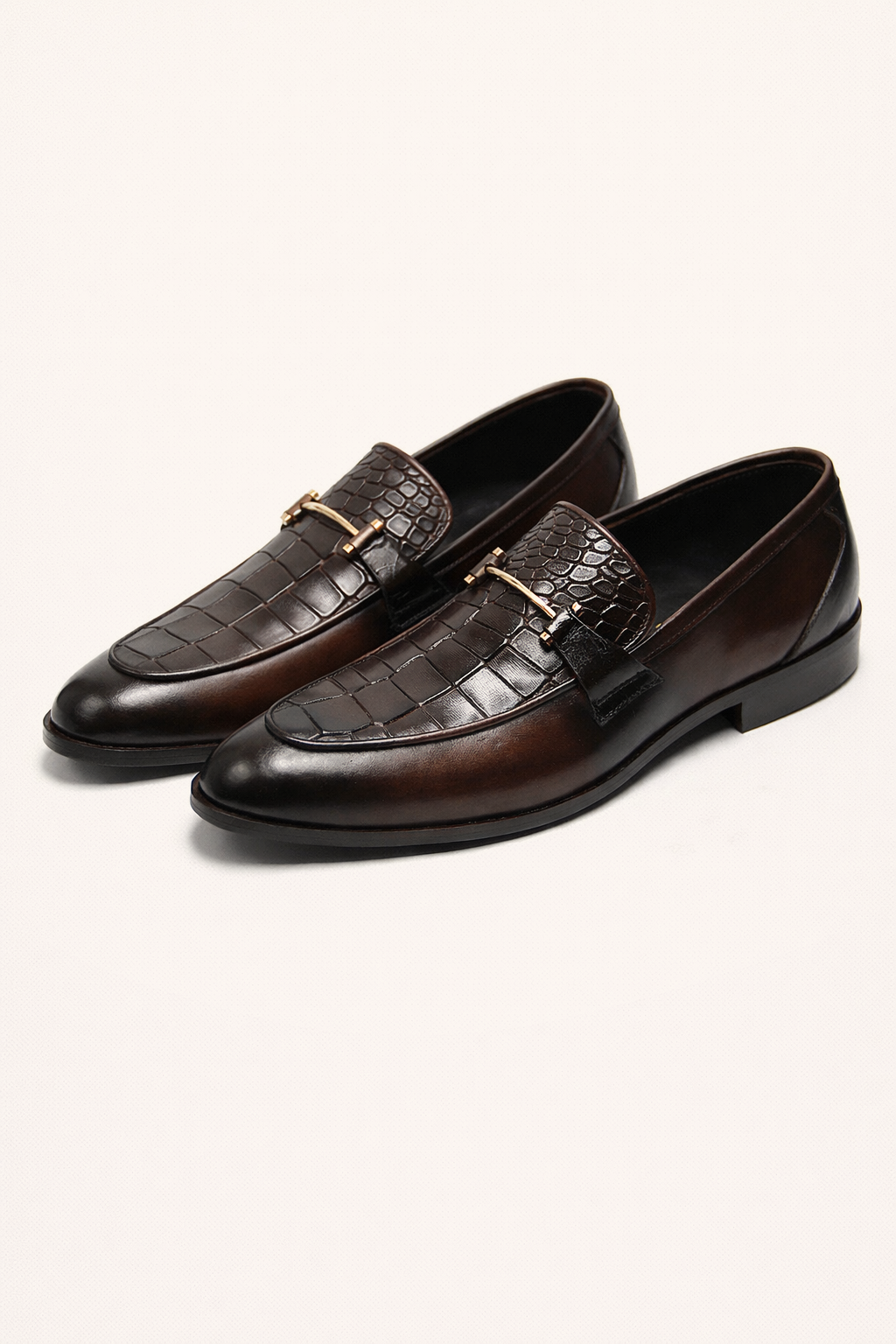 Brown Croc-Textured Leather Horsebit Loafers