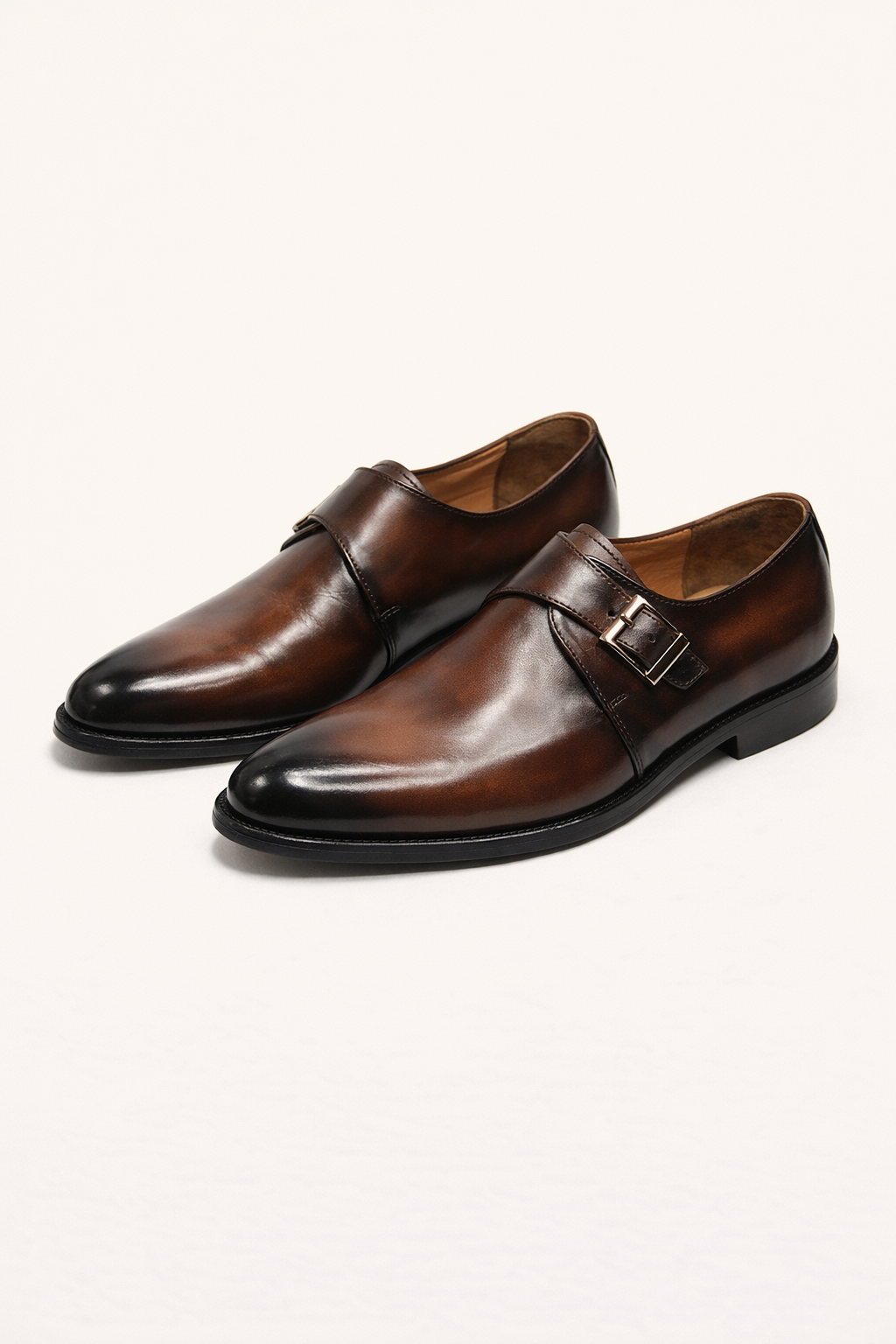 Brown Burnished Leather Single Monk Strap Shoes – Classic Buckle Formal Shoes