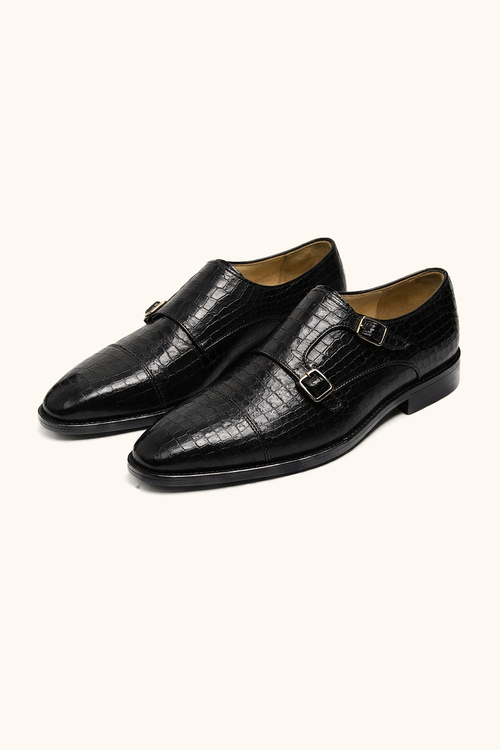Black Croc-Texture Double Monk Strap Dress Shoes – Premium Leather Formal Shoes
