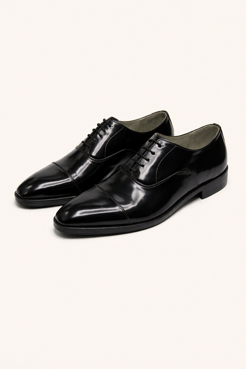 Black Leather Cap-Toe Oxford Shoes – High Shine Formal Lace-Up Shoes