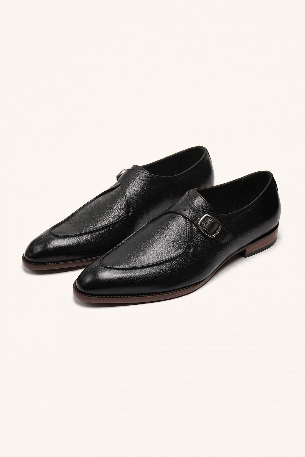 Black Textured Leather Monk Strap Shoes