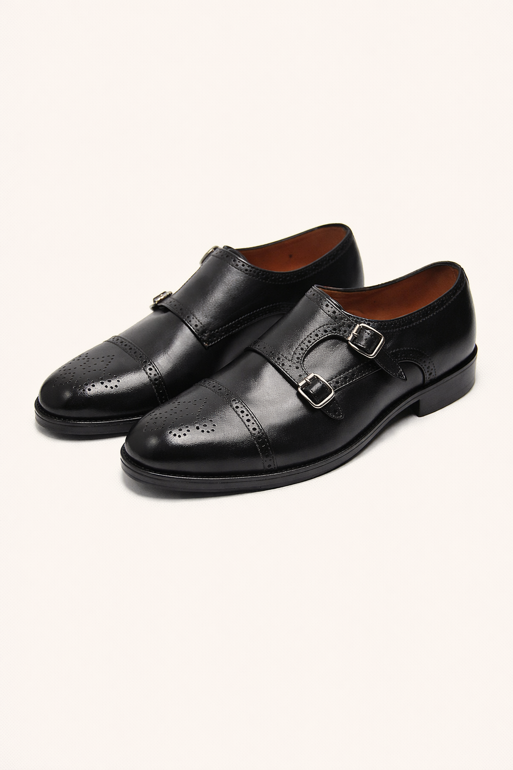 Men’s Black Double Monk Strap Brogue Leather Shoes – Premium Formal Dress Shoes