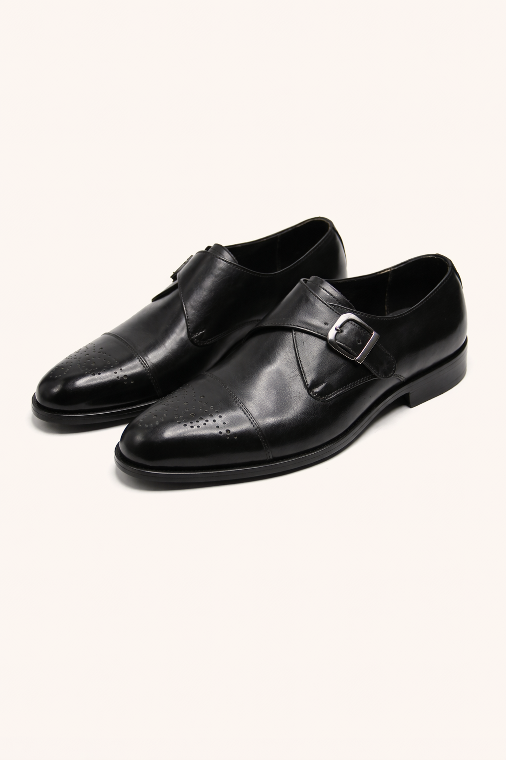 Men’s Black Single Monk Strap Leather Shoes – Elegant Brogue Cap Toe Formal Shoes