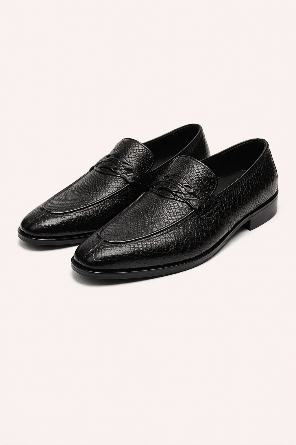 Black Textured Leather Loafers for Men – Exotic Pattern Formal Slip-On Shoes