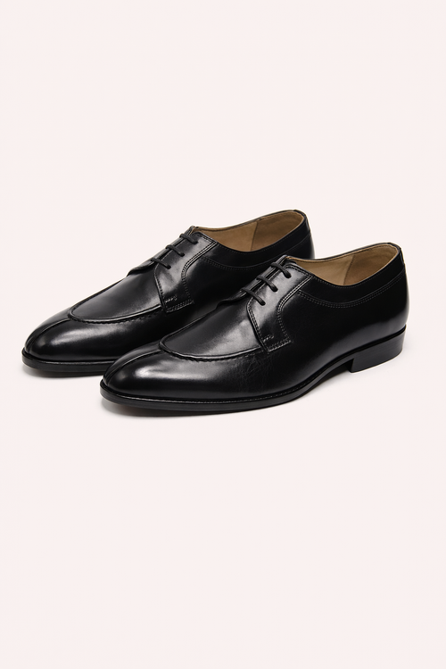 Black Leather Apron Toe Derby Shoes for Men – Handcrafted Formal Lace-Up Footwear