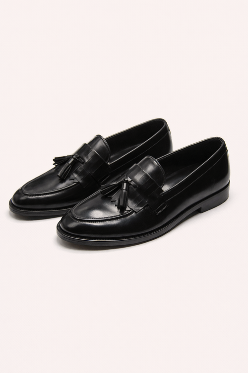 Black Leather Tassel Loafers for Men – Classic Formal Slip-On Shoes