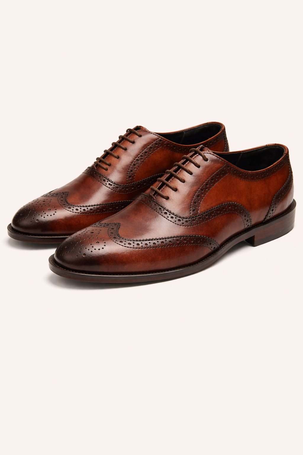 Men’s Burnished Brown Wingtip Brogue Oxford Shoes – Genuine Leather Formal Dress Lace-Up Shoes