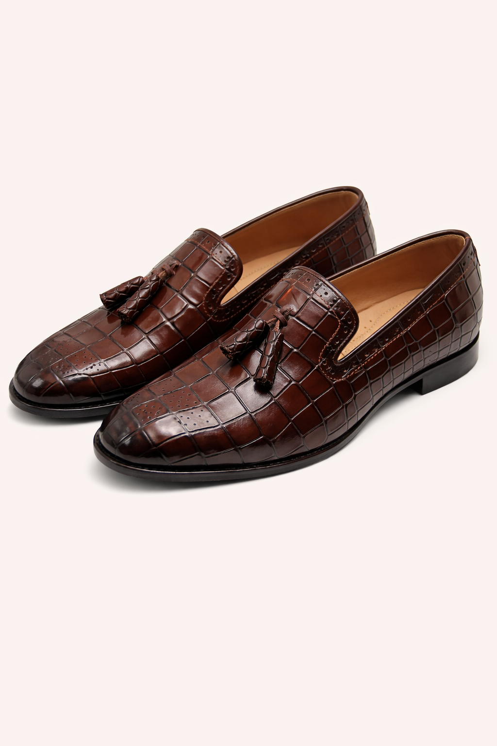 Men’s Brown Croc-Embossed Tassel Loafers – Premium Leather Formal Slip-On Shoes