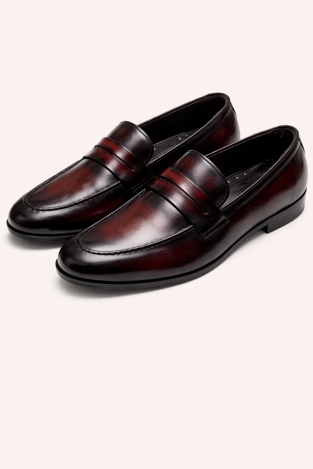Men’s Burnished Leather Penny Loafers – Hand-Finished Patina Slip-On Formal Shoes