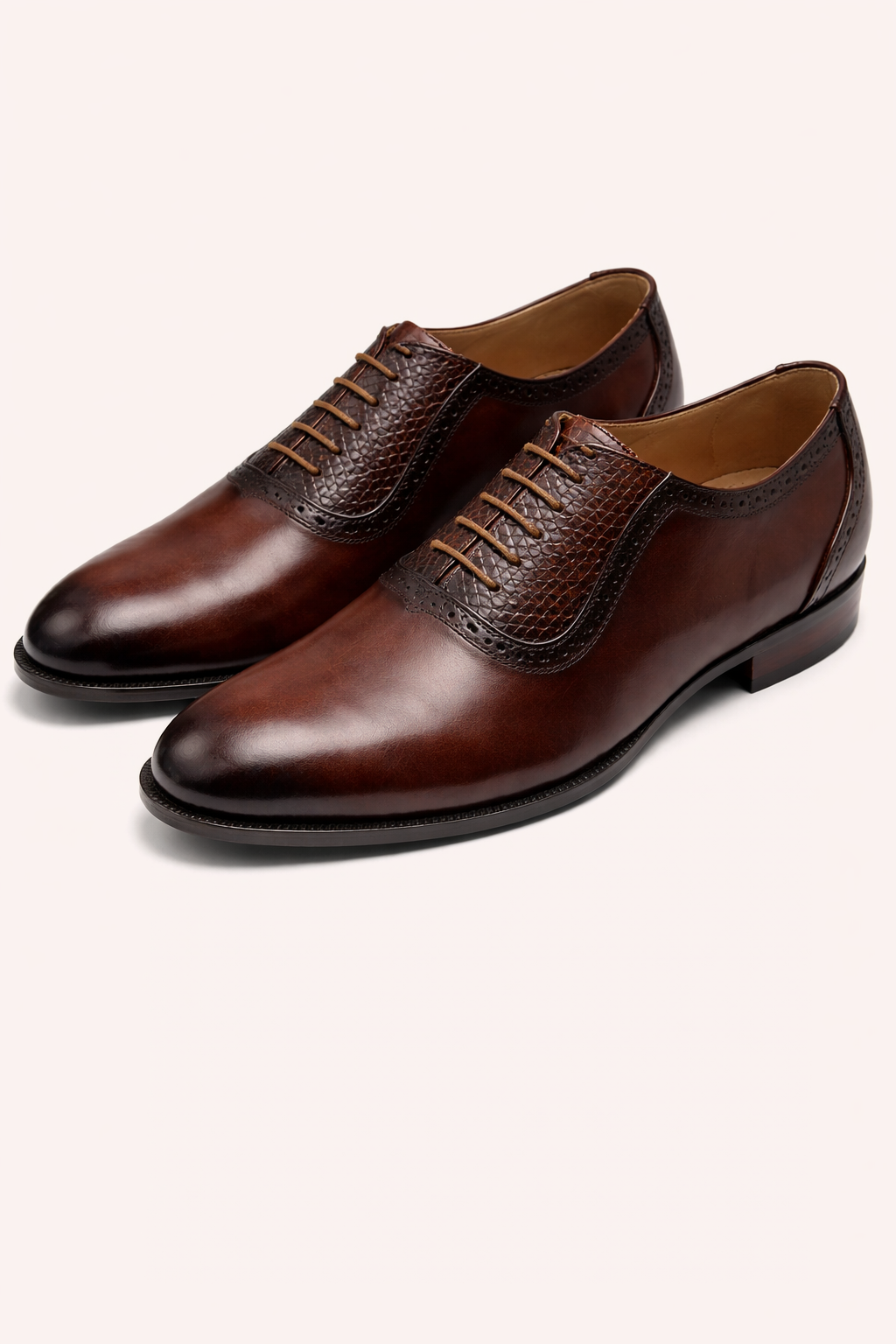 Men’s Brown Textured Panel Oxford Shoes – Leather Lace-Up Formal Dress Shoes