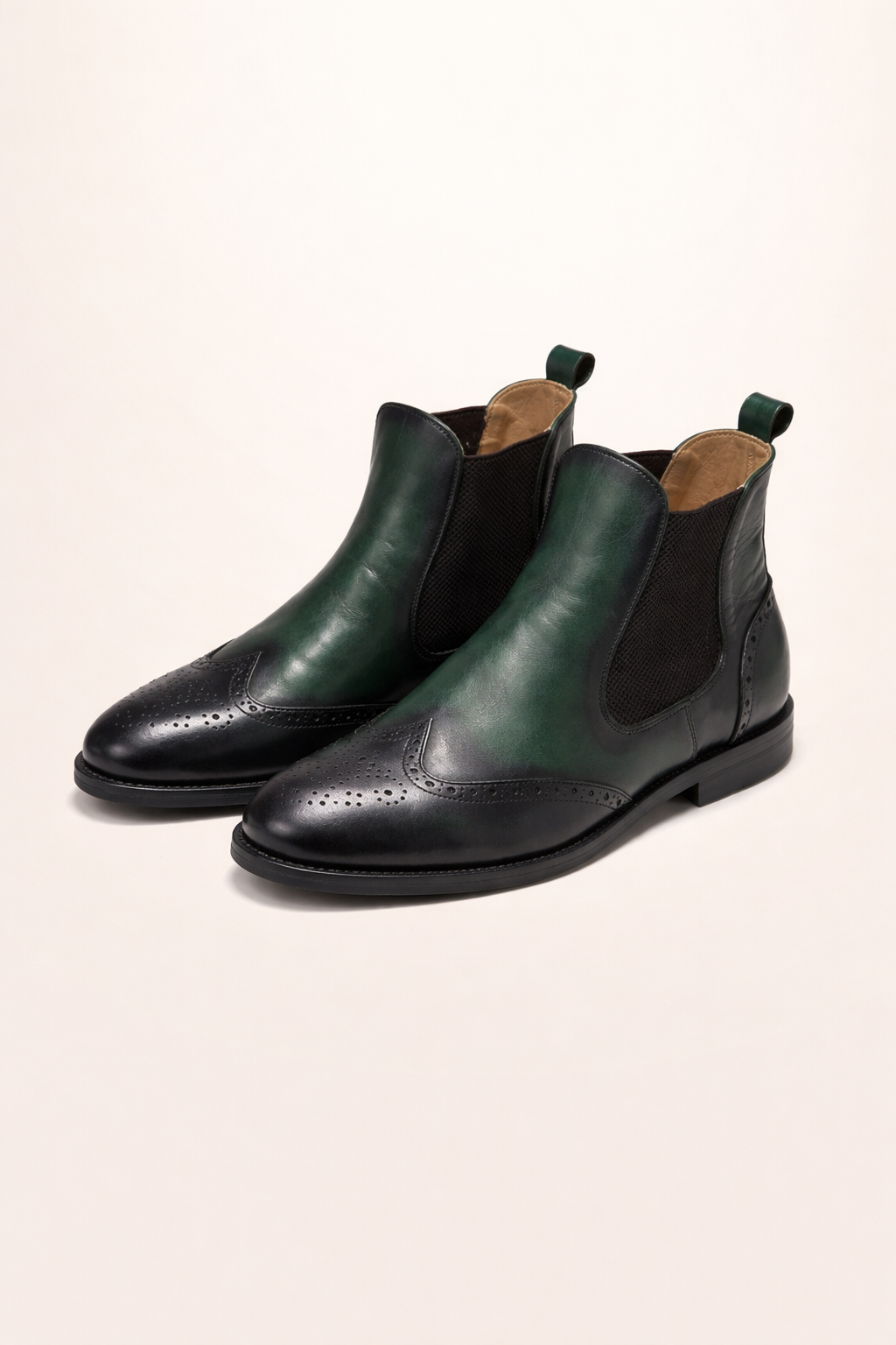 Green and Black Leather Chelsea Boots with Brogue Detailing – Stylish Ankle Boots for Men